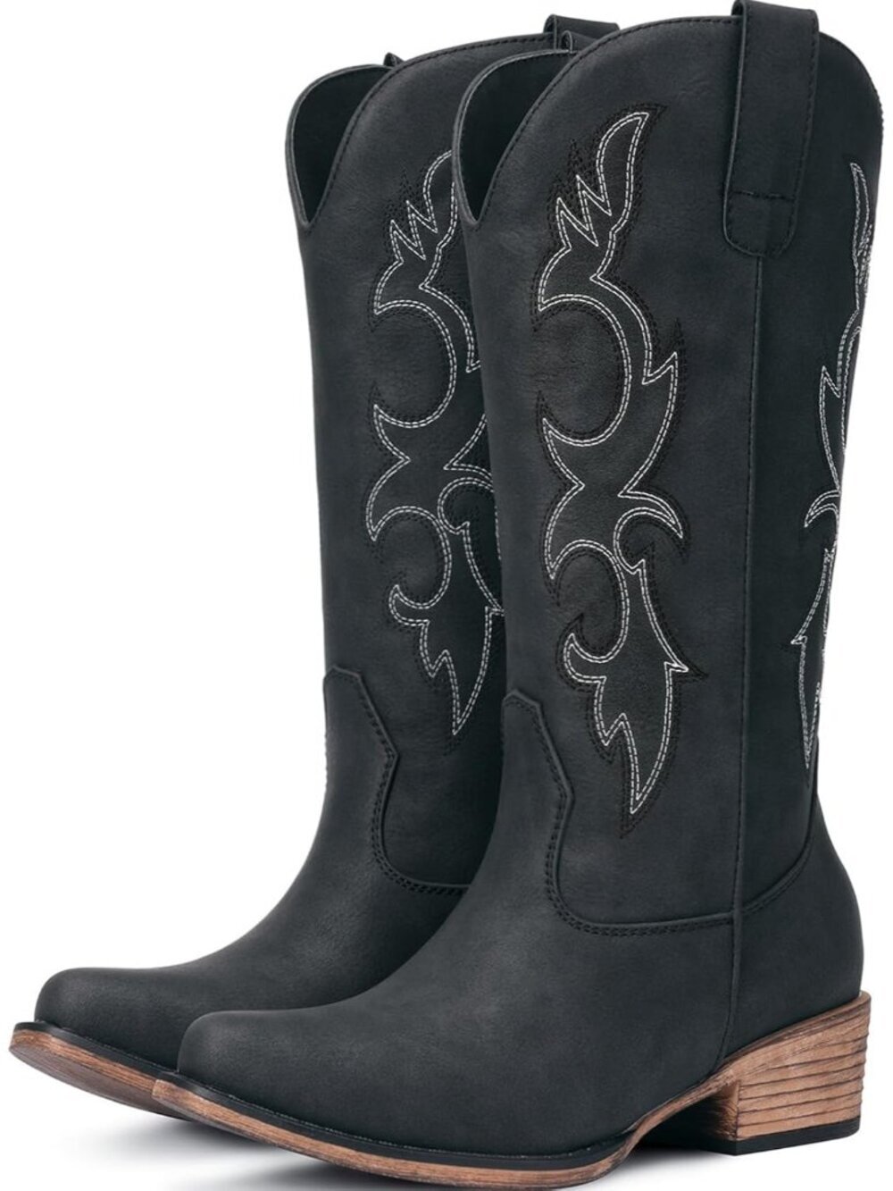 Women’s M-Black Faux Leather Retro Embroidered Cowboy Boots Mid-Calf Chunky Heel